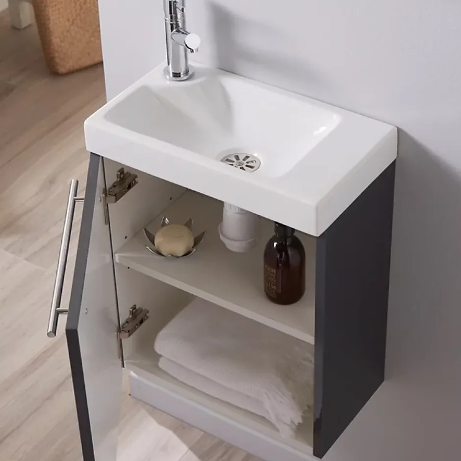 Planète Bain Meuble lave-mains complet couleur gris anthracite laqué avec mitigeur eau chaude / eau froide