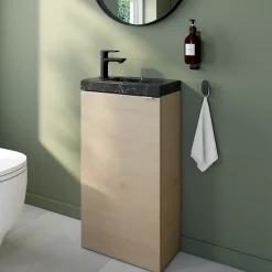 GoodHome Meuble lave-mains effet chêne l.44 cm Imandra + plan vasque effet marbre noir,* Lave-Mains