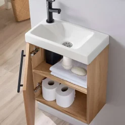 Planète Bain Meuble lave-mains finition bois oak avec mitigeur noir et poignée noire