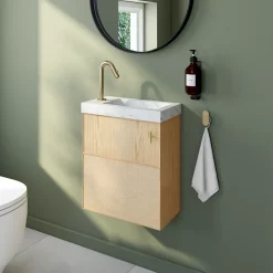Homesight Meuble lave-mains Java effet chêne clair et jute l.44 cm + plan vasque lave-mains effet marbre blanc* Lave-Mains