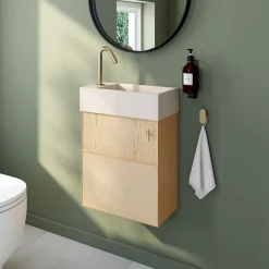 Homesight Meuble lave-mains Java effet chêne clair et jute l.44 cm + plan vasque lave-mains béton moucheté