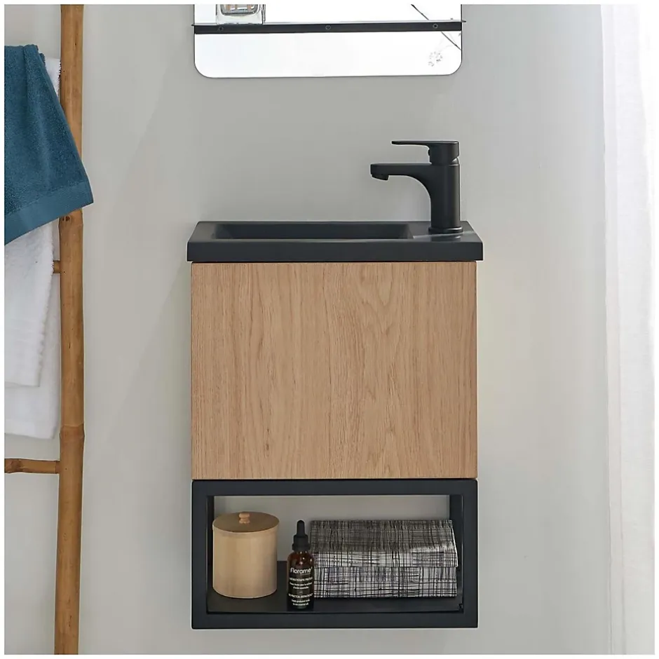 Mob-In Meuble lave-mains NOVA suspendu métal et bois avec vasque en résine 40x50cm