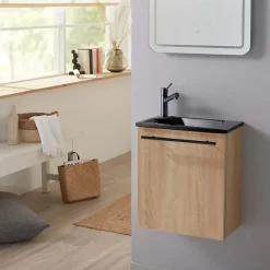 Planète Bain Meuble lave-mains pour wc finition chêne oak équipé d'un lave-mains en solid surface et robinet noir* Lave-Mains
