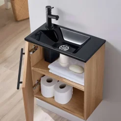 Planète Bain Meuble lave-mains pour wc finition chêne oak équipé d'un lave-mains en solid surface et robinet noir* Lave-Mains
