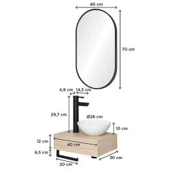 Mob-In Meuble lave-mains SOHO plan épais vasque blanche + robinet + miroir* Meuble De Salle De Bains Faible Profondeur