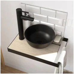 Mob-In Meuble lave-mains SOHO plan fin p-serviette côté vasque noire + robinet