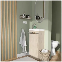 Mob-In Meuble lave-mains sur pieds JOHANN décor chêne + vasque + robinet + miroir