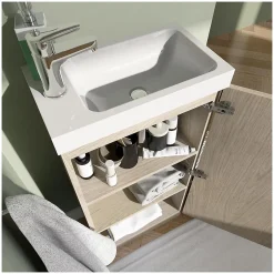 Mob-In Meuble lave-mains sur pieds JOHANN décor chêne + vasque + robinet + miroir
