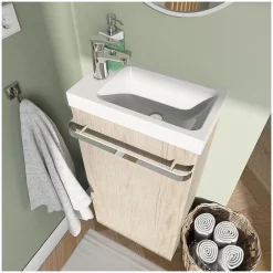 Mob-In Meuble lave-mains sur pieds JOHANN décor chêne + vasque + robinet + miroir