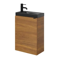 GoodHome Meuble lave-mains suspendu effet noyer l.44 cm Imandra + plan vasque noir céramique Nira,* Lave-Mains|Meuble De Salle De Bains Faible Profondeur