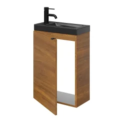 GoodHome Meuble lave-mains suspendu effet noyer l.44 cm Imandra + plan vasque noir céramique Nira,* Lave-Mains|Meuble De Salle De Bains Faible Profondeur