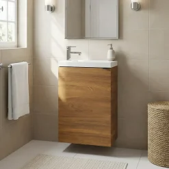 GoodHome Meuble lave-mains suspendu effet noyer l.44 cm Imandra + plan vasque blanc résine Beni,* Lave-Mains|Meuble De Salle De Bains Faible Profondeur