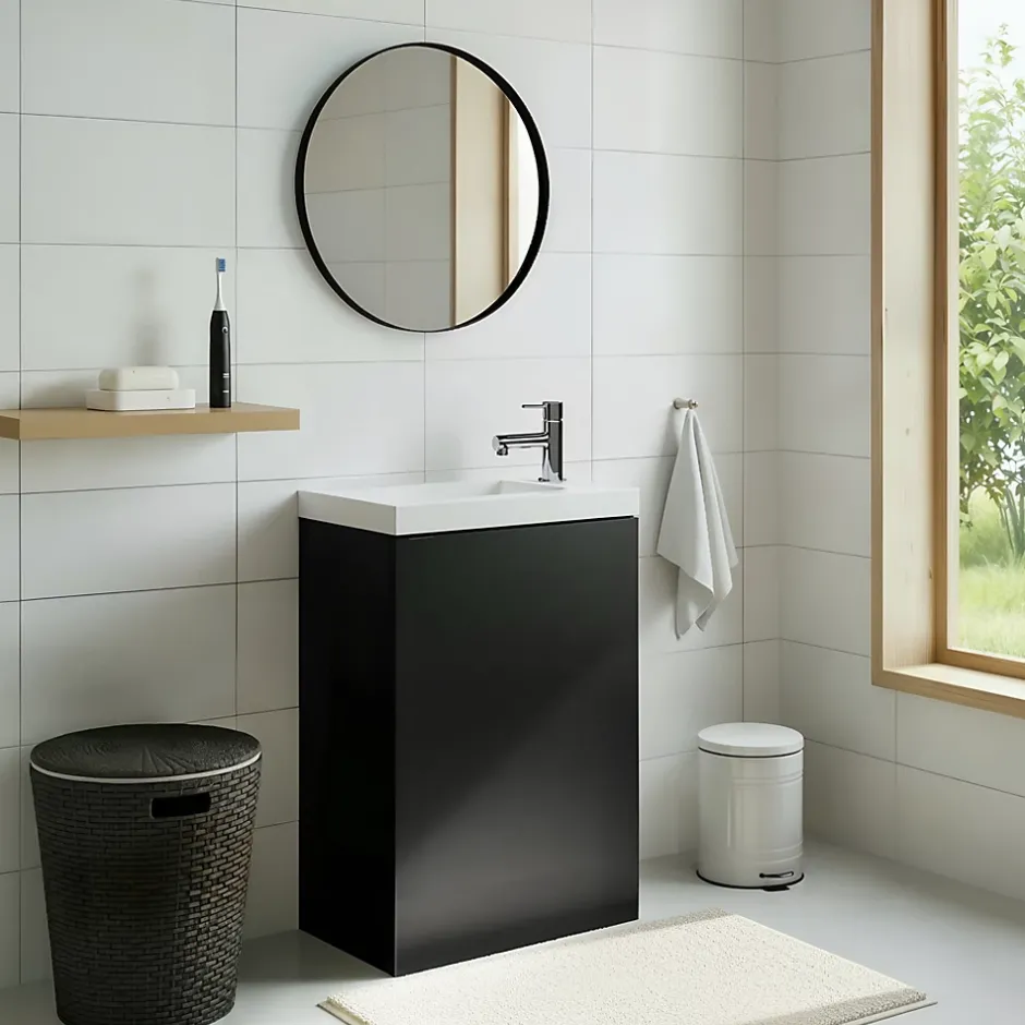 GoodHome Meuble lave-mains suspendu noir mat l.44 cm Imandra + plan vasque blanc résine Beni,