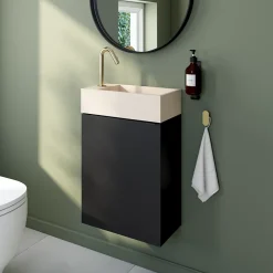 Homesight Meuble lave-mains suspendu noir mat l.44 cm Imandra + plan vasque béton beige moucheté, GoodHome