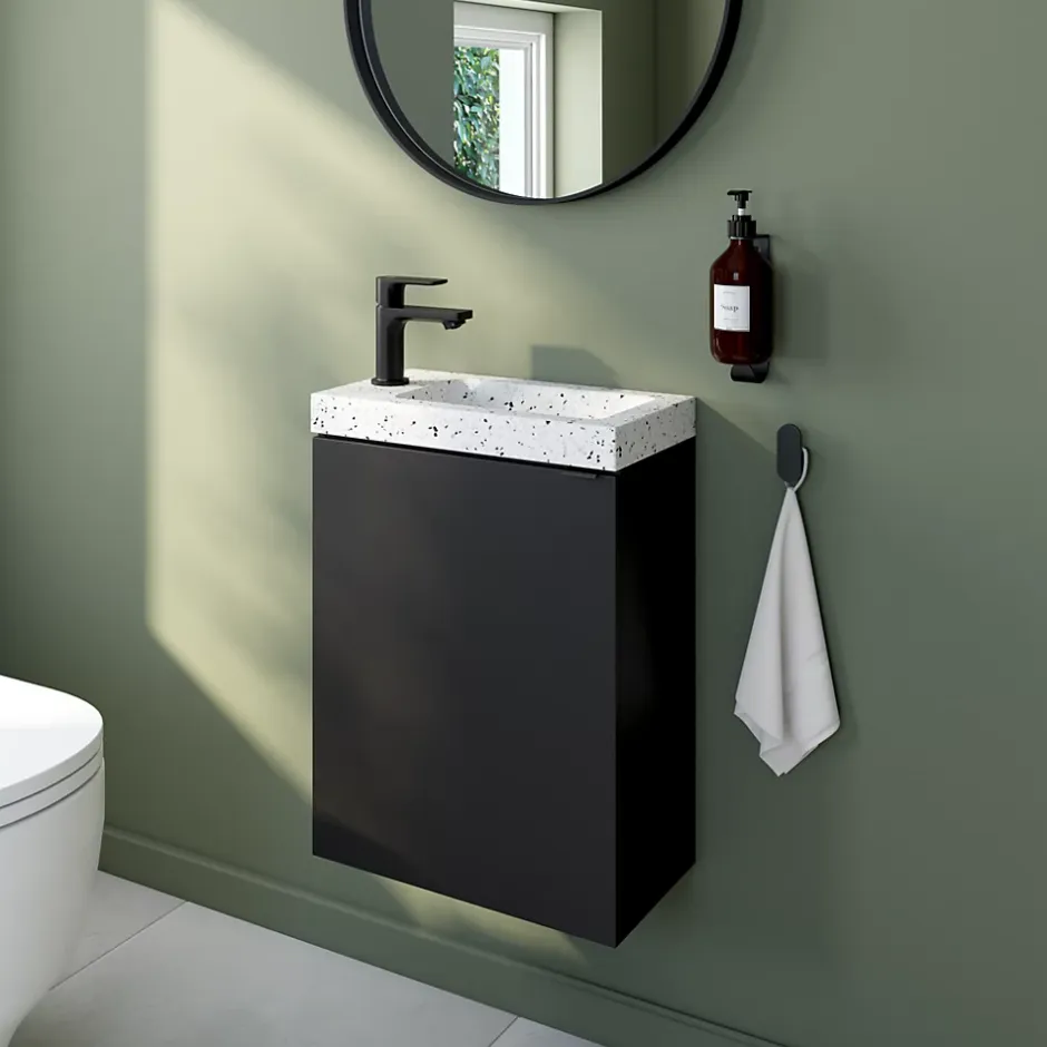 Homesight Meuble lave-mains suspendu noir mat l.44 cm Imandra + plan vasque terrazzo, GoodHome* Lave-Mains