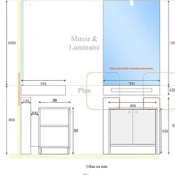 Cuisibane Meuble LEA 70 cm avec plan vasque et miroir LED ELEG Plus ht105* Ensemble Meuble De Salle De Bains