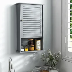 Giantex Meuble Mural de Salle de Bain, avec Etagère Réglable,avec Porte Persienne et 1 Etagère Ouverte, 42x17x70cm (Gris)
