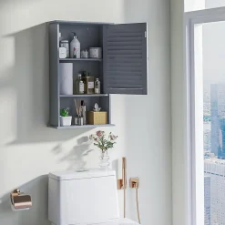 Giantex Meuble Mural de Salle de Bain, avec Etagère Réglable,avec Porte Persienne et 1 Etagère Ouverte, 42x17x70cm (Gris)