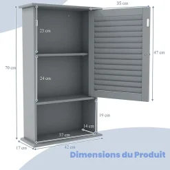 Giantex Meuble Mural de Salle de Bain, avec Etagère Réglable,avec Porte Persienne et 1 Etagère Ouverte, 42x17x70cm (Gris)