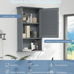 Giantex Meuble Mural de Salle de Bain, avec Etagère Réglable,avec Porte Persienne et 1 Etagère Ouverte, 42x17x70cm (Gris)