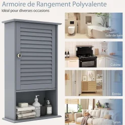 Giantex Meuble Mural de Salle de Bain, avec Etagère Réglable,avec Porte Persienne et 1 Etagère Ouverte, 42x17x70cm (Gris)