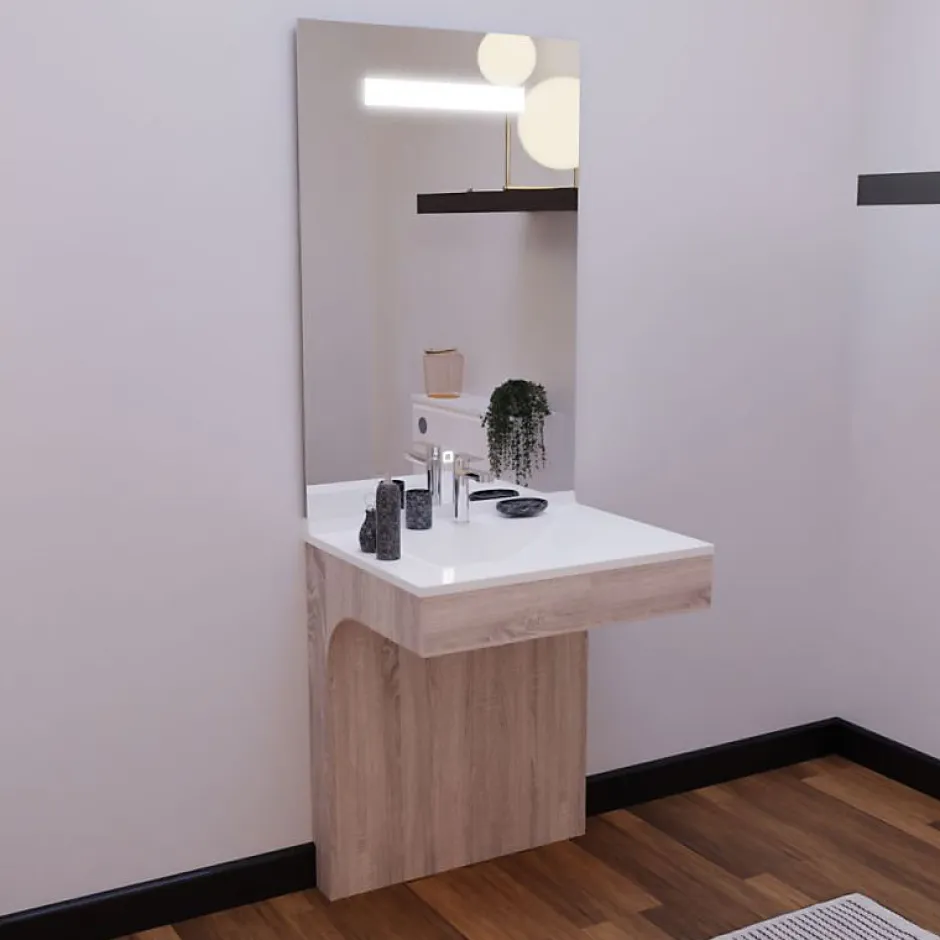 Cuisibane Meuble PMR ALTEA 70 cm avec plan vasque et miroir led ELEG Plus ht105
