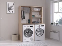Vente-unique Meuble pour 2 machines à laver avec penderie et étagères - Naturel clair - H184 x L128 cm - ERKANO