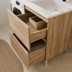 Cuisibane Meuble pour lave-linge IDEA, plan vasque déportée 124 cm x 65 cm- Bois- Vasque à droite