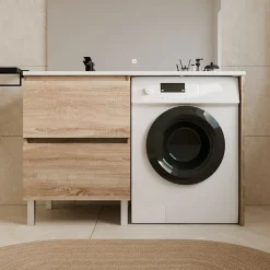 Cuisibane Meuble pour lave-linge IDEA, plan vasque déportée 124 cm x 65 cm- Bois- Vasque à gauche* Meuble Vasque