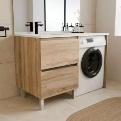 Cuisibane Meuble pour lave-linge IDEA, plan vasque déportée 124 cm x 65 cm- Bois- Vasque à gauche* Meuble Vasque