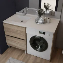 Cuisibane Meuble pour lave-linge IDEA, plan vasque déportée 124 cm x 65 cm- Bois- Vasque à gauche* Meuble Vasque