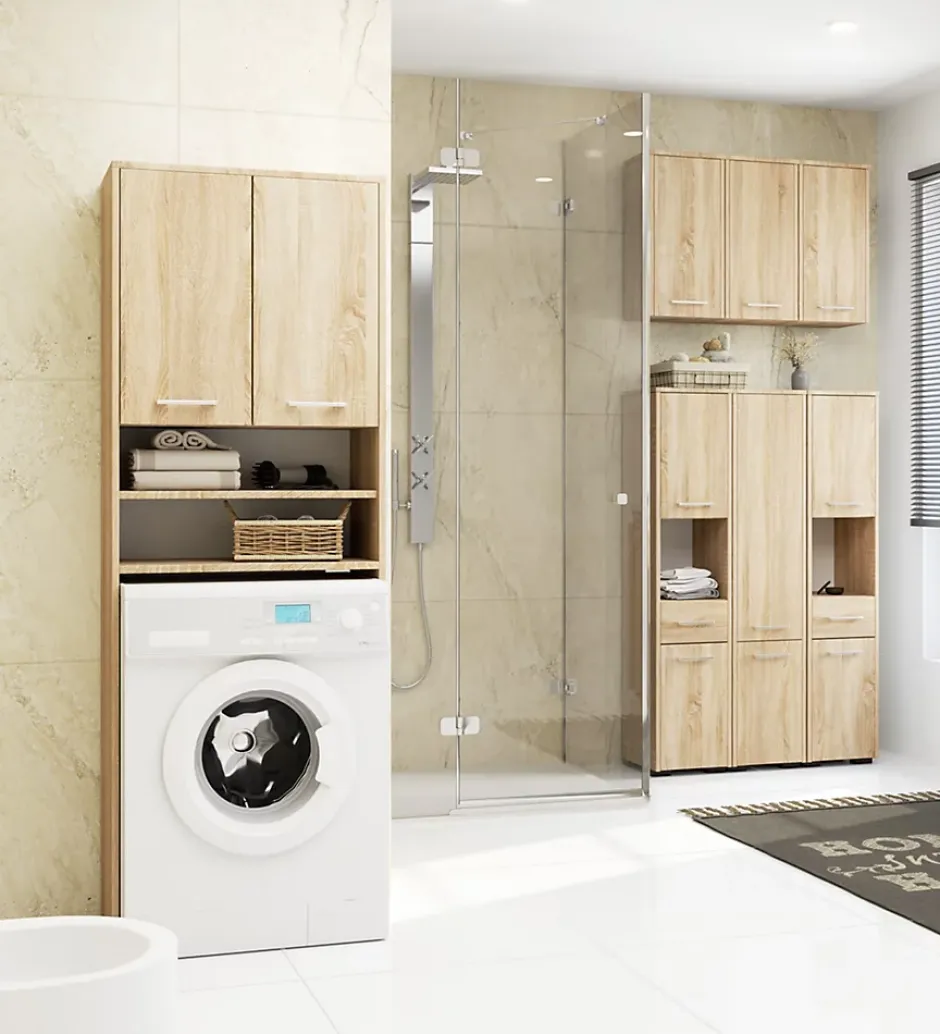 Akord Furniture Factory Meuble pour machine à laver AKORD FIN Chêne Sonoma 64 cm 2 portes façade Chêne Sonoma 4 étagères 64x30x180 cm* Rangement Buanderie|Meuble De Salle De Bains Faible Profondeur
