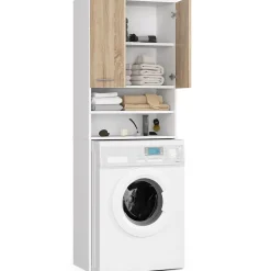 Akord Furniture Factory Meuble pour machine à laver AKORD FIN Blanche 64 cm 2 portes façade Chêne Sonoma 4 étagères 64x30x180 cm