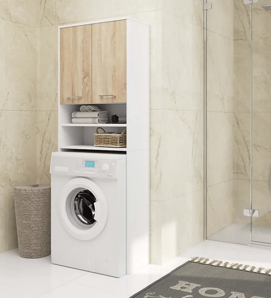 Akord Furniture Factory Meuble pour machine à laver AKORD FIN Blanche 64 cm 2 portes façade Chêne Sonoma 4 étagères 64x30x180 cm