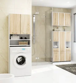 Akord Furniture Factory Meuble pour machine à laver AKORD FIN Blanche 64 cm 2 portes façade Chêne Sonoma 4 étagères 64x30x180 cm