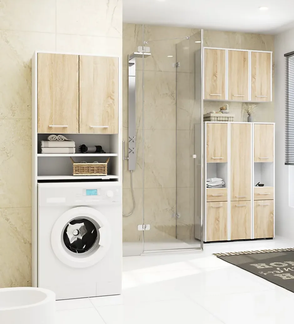 Akord Furniture Factory Meuble pour machine à laver AKORD FIN Blanche 64 cm 2 portes façade Chêne Sonoma 4 étagères 64x30x180 cm
