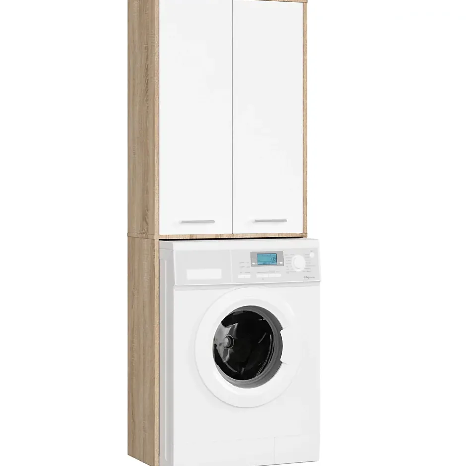 Akord Furniture Factory Meuble pour machine à laver AKORD FIN Chêne Sonoma 64 cm 2 portes façade Blanche 4 étagères 64x30x180 cm