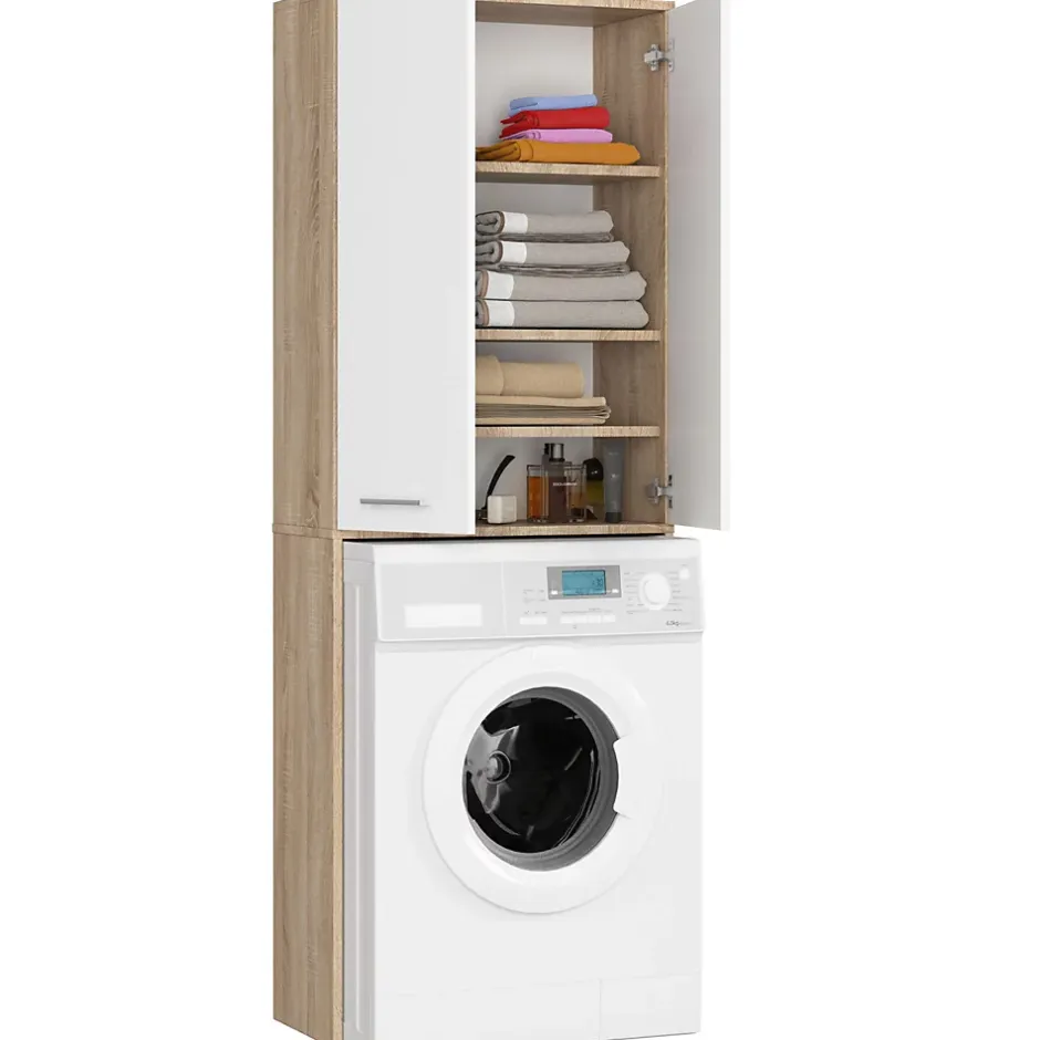 Akord Furniture Factory Meuble pour machine à laver AKORD FIN Chêne Sonoma 64 cm 2 portes façade Blanche 4 étagères 64x30x180 cm