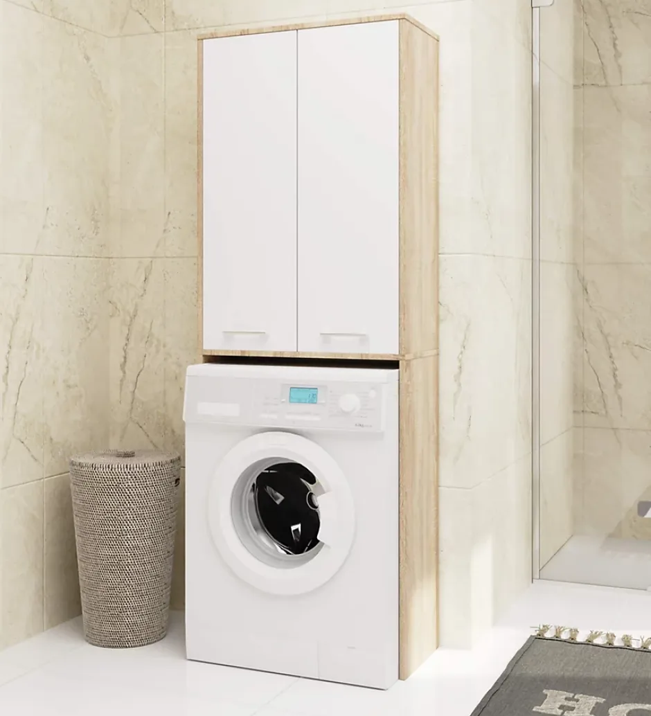 Akord Furniture Factory Meuble pour machine à laver AKORD FIN Chêne Sonoma 64 cm 2 portes façade Blanche 4 étagères 64x30x180 cm