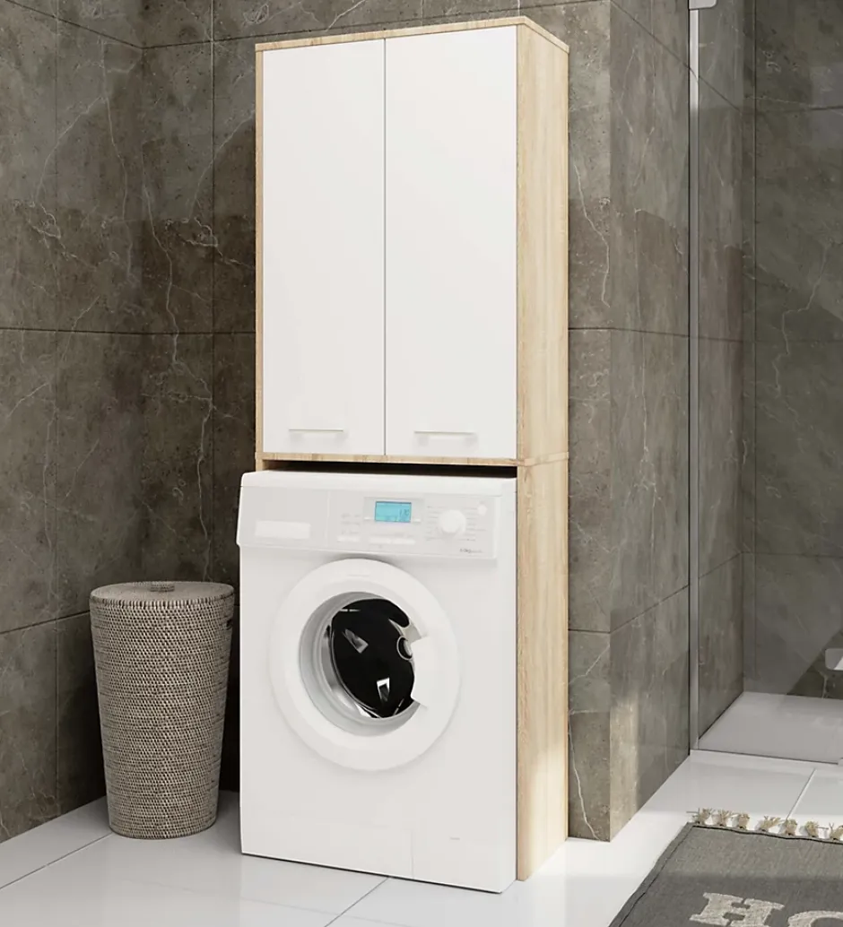 Akord Furniture Factory Meuble pour machine à laver AKORD FIN Chêne Sonoma 64 cm 2 portes façade Blanche 4 étagères 64x30x180 cm