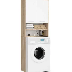 Akord Furniture Factory Meuble pour machine à laver AKORD FIN Chêne Sonoma 64 cm 2 portes façade Blanche 4 étagères 64x30x180 cm
