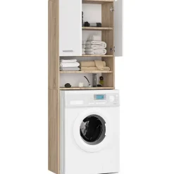 Akord Furniture Factory Meuble pour machine à laver AKORD FIN Chêne Sonoma 64 cm 2 portes façade Blanche 4 étagères 64x30x180 cm