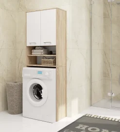Akord Furniture Factory Meuble pour machine à laver AKORD FIN Chêne Sonoma 64 cm 2 portes façade Blanche 4 étagères 64x30x180 cm