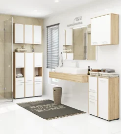 Akord Furniture Factory Meuble pour machine à laver AKORD FIN Chêne Sonoma 64 cm 2 portes façade Blanche 4 étagères 64x30x180 cm