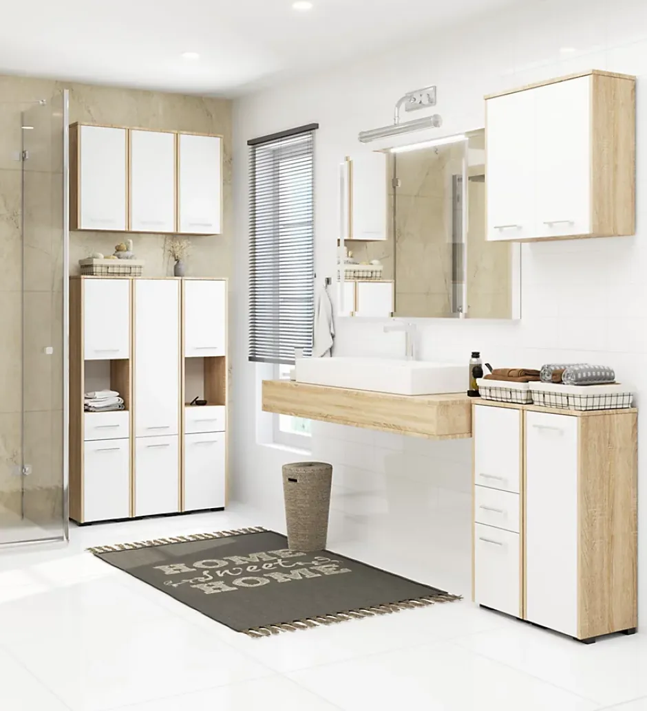 Akord Furniture Factory Meuble pour machine à laver AKORD FIN Chêne Sonoma 64 cm 2 portes façade Blanche 4 étagères 64x30x180 cm