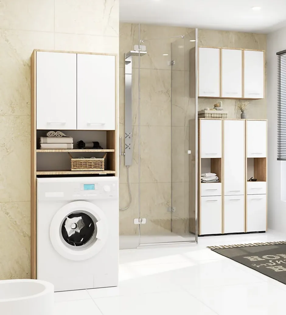Akord Furniture Factory Meuble pour machine à laver AKORD FIN Chêne Sonoma 64 cm 2 portes façade Blanche 4 étagères 64x30x180 cm