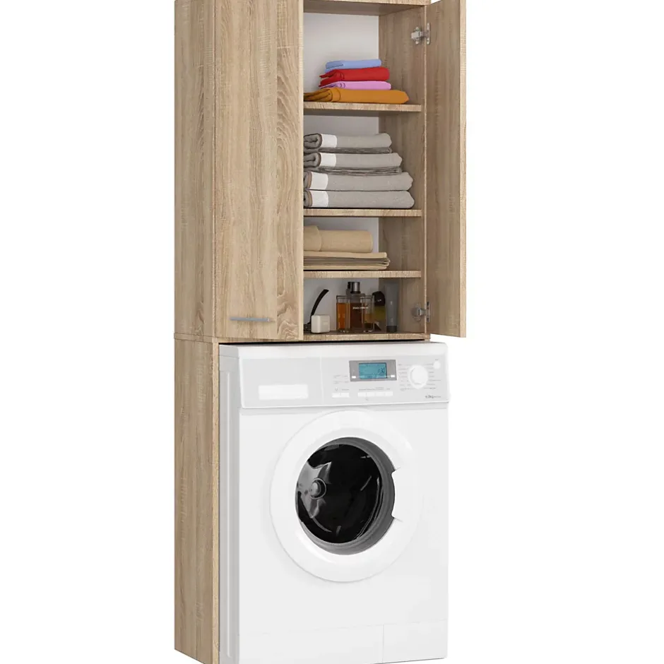 Akord Furniture Factory Meuble pour machine à laver AKORD FIN Chêne Sonoma 64 cm 2 portes façade Chêne Sonoma 4 étagères 64x30x180 cm* Rangement Buanderie