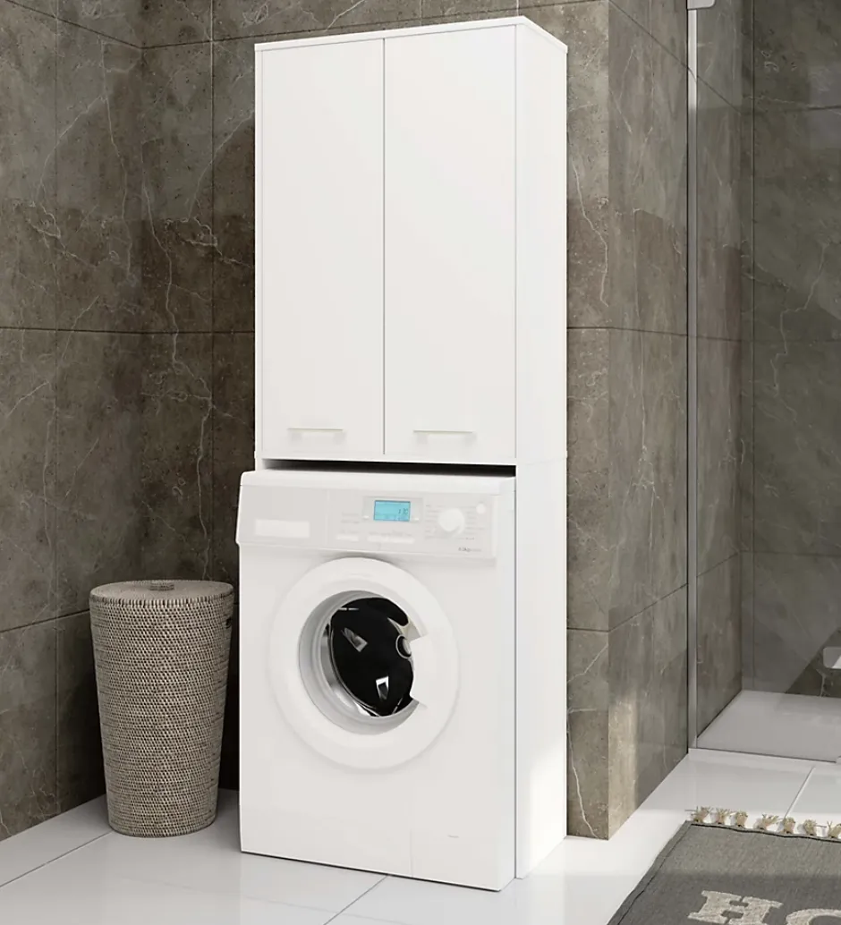 Akord Furniture Factory Meuble pour machine à laver AKORD FIN Blanche 64 cm 2 portes façade Blanche 4 étagères 64x30x180 cm