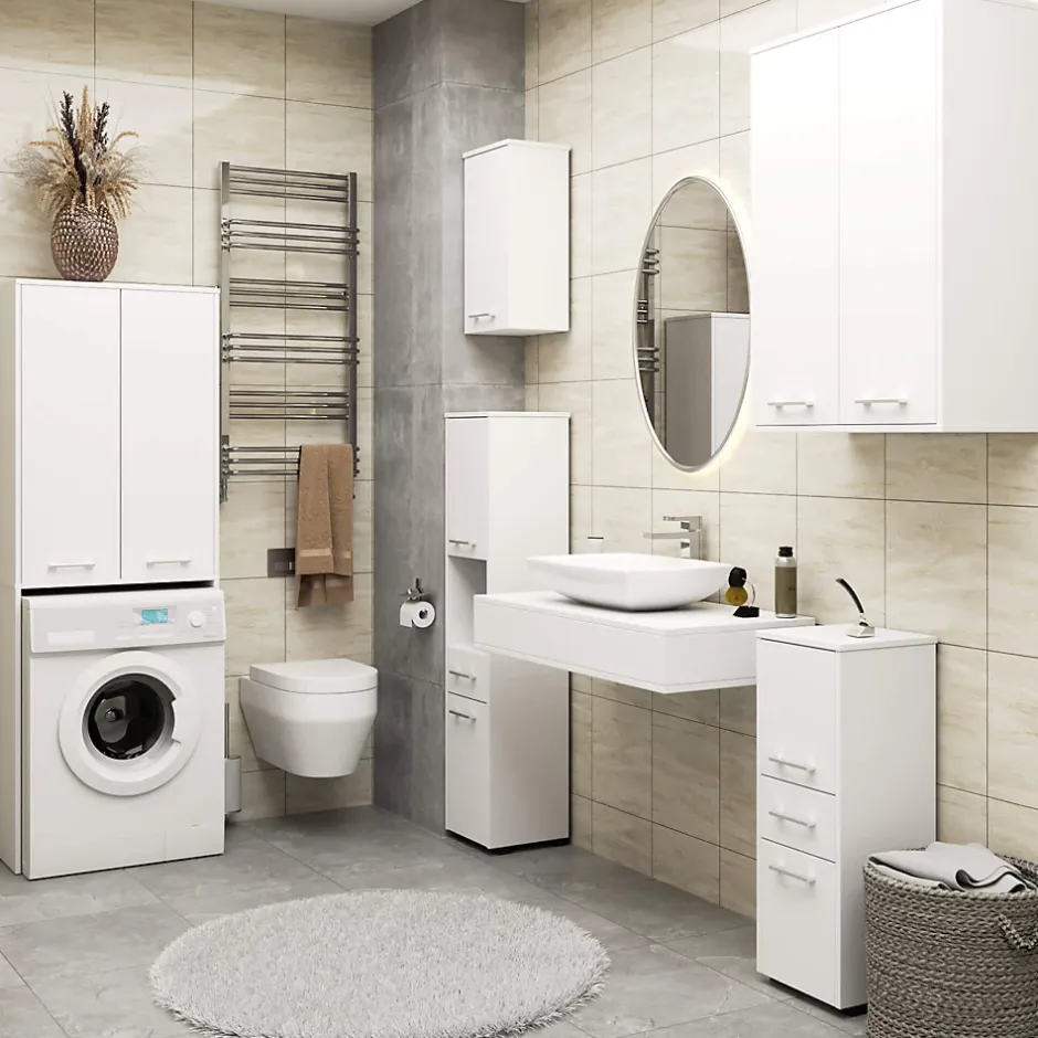 Akord Furniture Factory Meuble pour machine à laver AKORD FIN Blanche 64 cm 2 portes façade Blanche 4 étagères 64x30x180 cm