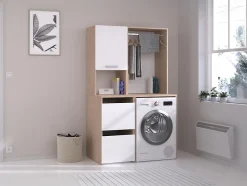 Vente-unique Meuble pour machine à laver avec penderie et placards - Naturel clair et blanc - L111 x H184 cm - ERKANO* Meuble Buanderie
